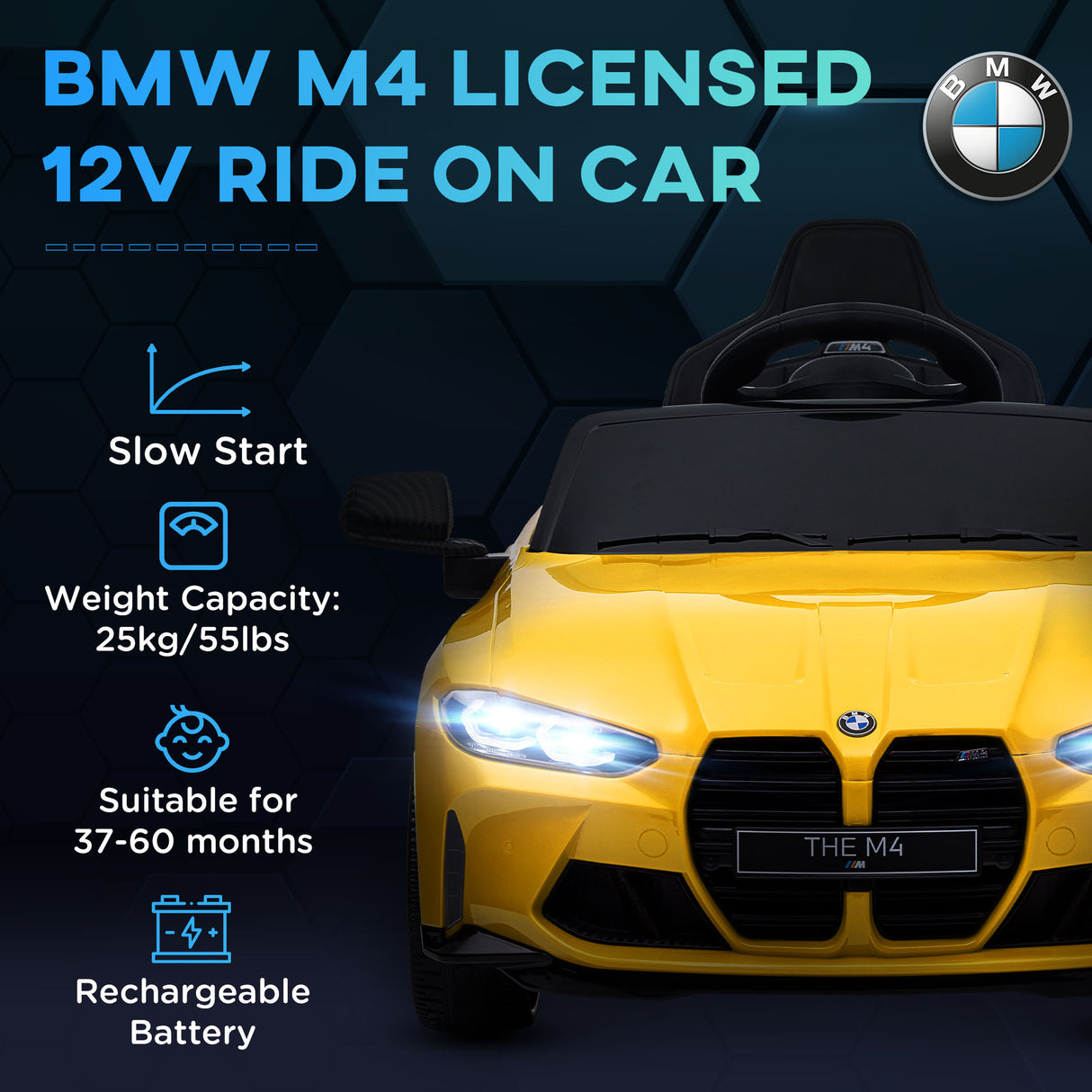 AIYAPLAY 12V BMW M4 Licensed Kids Car with Easy Transport, Remote Control, Suspension, Music, Horn, LED Lights - Yellow-2