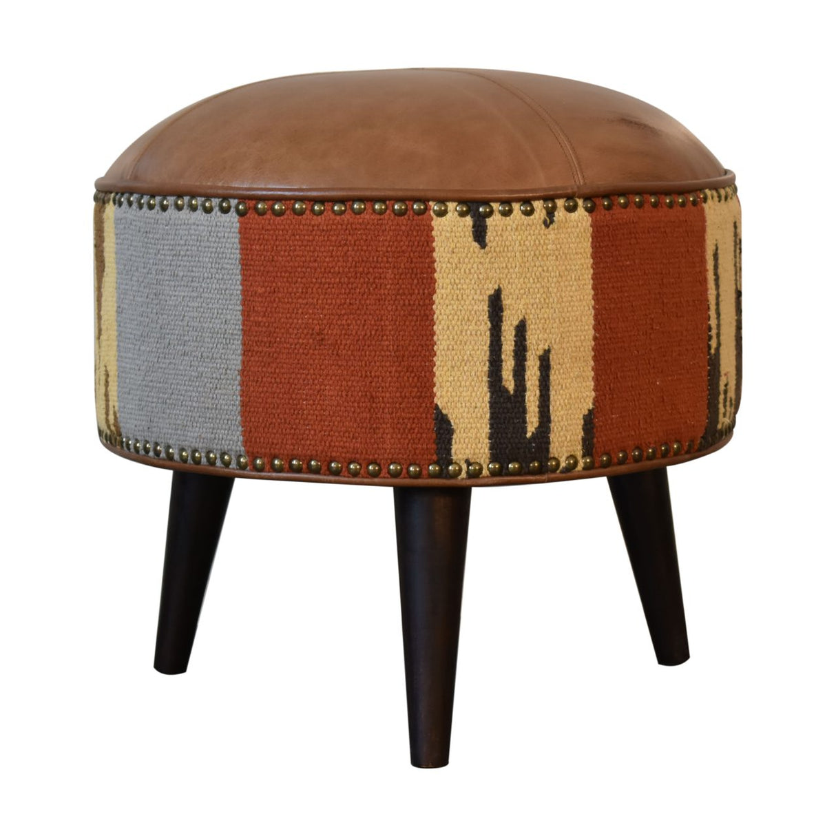 Durrie & Leather Mixed Footstool NOVEX FURNITURE