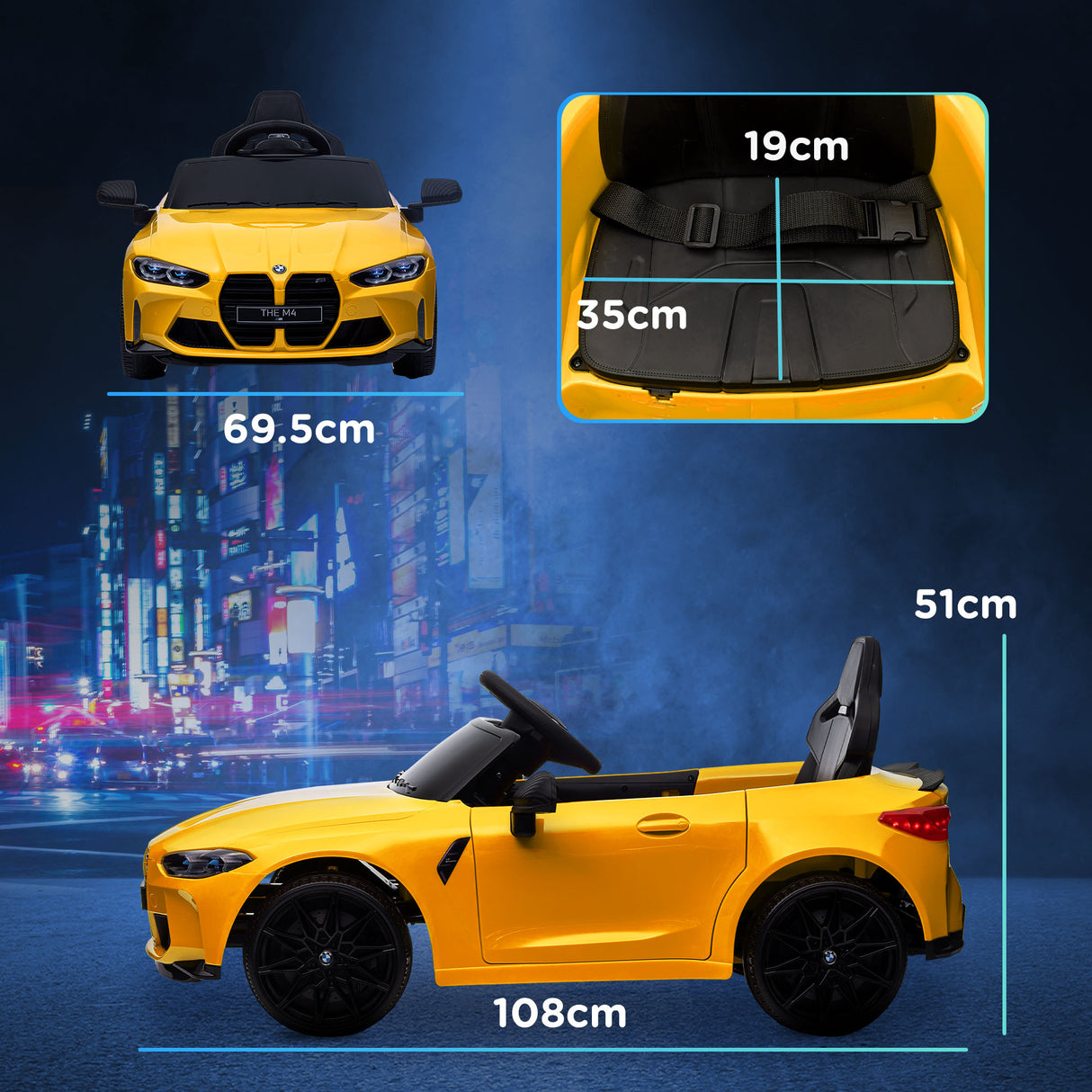 AIYAPLAY 12V BMW M4 Licensed Kids Car with Easy Transport, Remote Control, Suspension, Music, Horn, LED Lights - Yellow-1