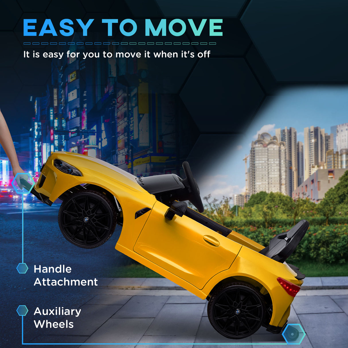 AIYAPLAY 12V BMW M4 Licensed Kids Car with Easy Transport, Remote Control, Suspension, Music, Horn, LED Lights - Yellow-3