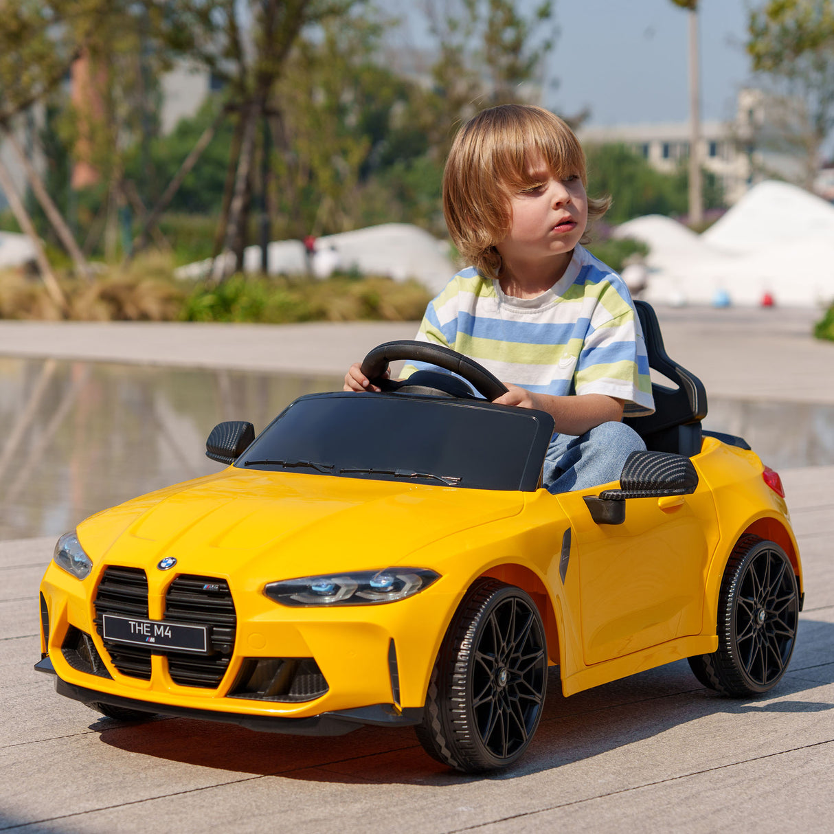 AIYAPLAY 12V BMW M4 Licensed Kids Car with Easy Transport, Remote Control, Suspension, Music, Horn, LED Lights - Yellow-8