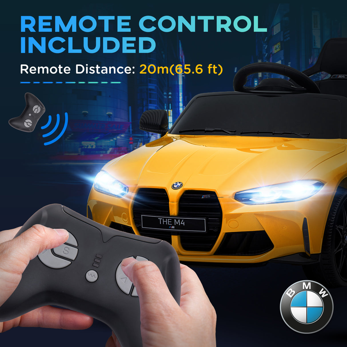 AIYAPLAY 12V BMW M4 Licensed Kids Car with Easy Transport, Remote Control, Suspension, Music, Horn, LED Lights - Yellow-6