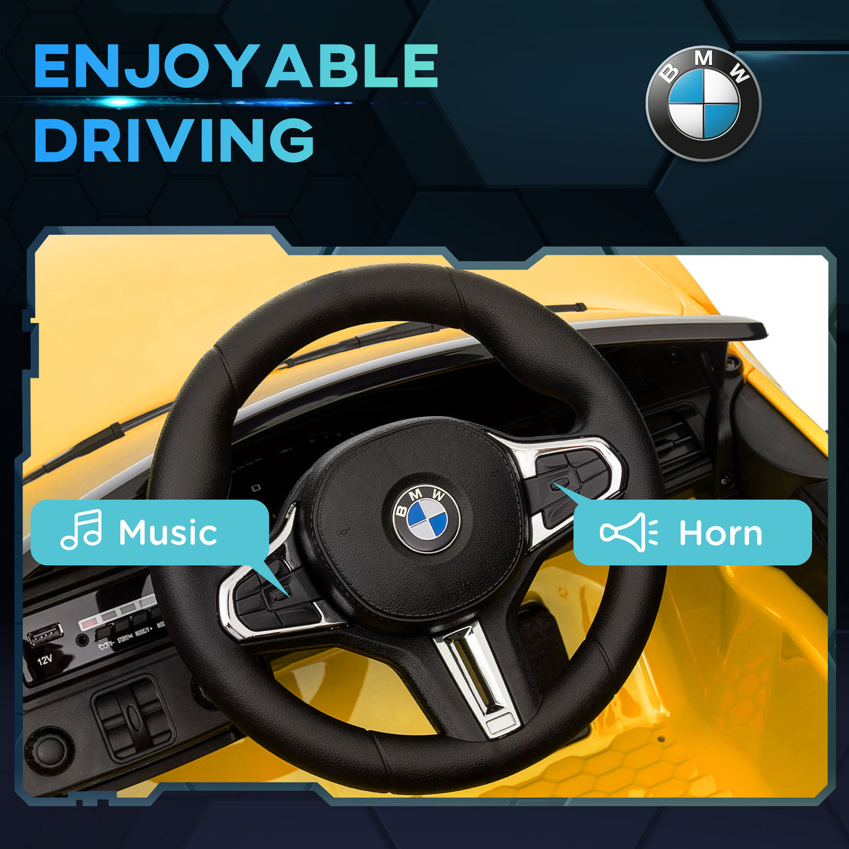 AIYAPLAY 12V BMW M4 Licensed Kids Car with Easy Transport, Remote Control, Suspension, Music, Horn, LED Lights - Yellow-5